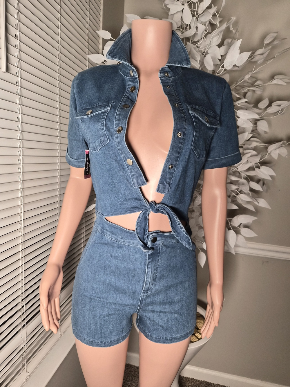 Women’s Blue Denim Tie-Front Short Jumpsuit
